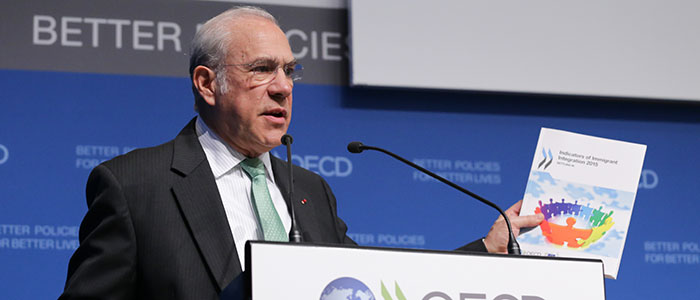 Angel Gurría speaking at the press conference in Paris yesterday. Credit: OECD/Andrew Wheeler 