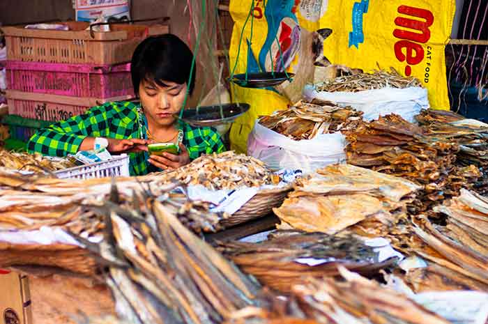 A market trader on her smart phone in Myanmar