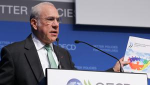 Angel Gurría speaking at the press conference in Paris yesterday. Credit: OECD/Andrew Wheeler 