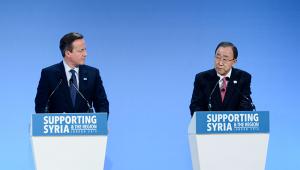 UK prime minister David Cameron and UN secretary general Ban Ki-Moon at the Supporting Syria and the Region Conference 2016