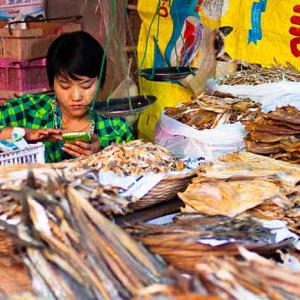 A market trader on her smart phone in Myanmar