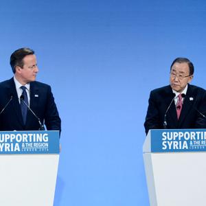 UK prime minister David Cameron and UN secretary general Ban Ki-Moon at the Supporting Syria and the Region Conference 2016