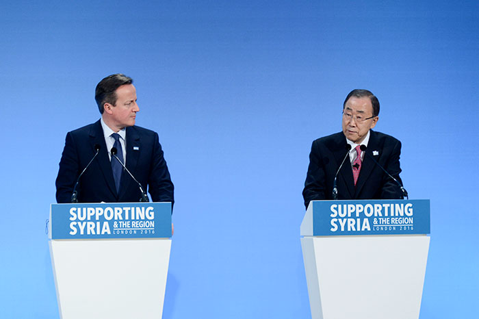 UK prime minister David Cameron and UN secretary general Ban Ki-Moon at the Supporting Syria and the Region Conference 2016