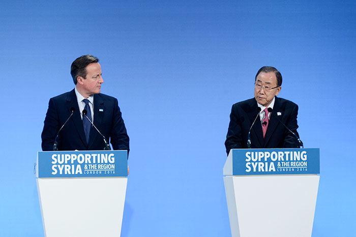 UK prime minister David Cameron and UN secretary general Ban Ki-Moon at the Supporting Syria and the Region Conference 2016 UK prime minister David Cameron and UN secretary general Ban Ki-Moon at the Supporting Syria and the Region Conference 2016